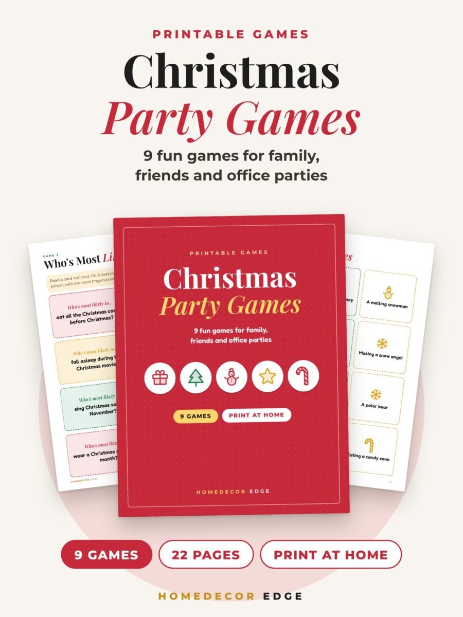 Printable Christmas party games pack with trivia, charades, who's most likely to and gift swap games