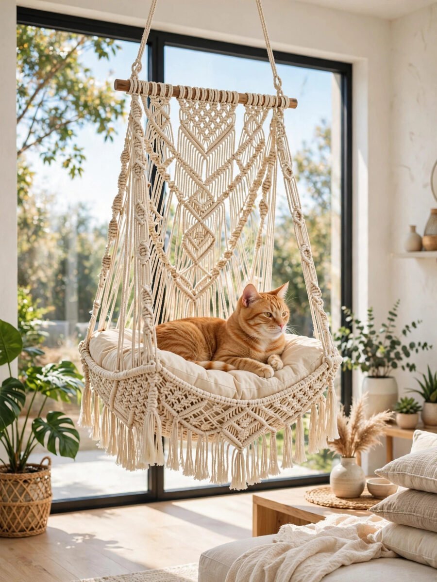 Macrame cat hammock hanging in front of a sunny window with a tabby cat lounging inside