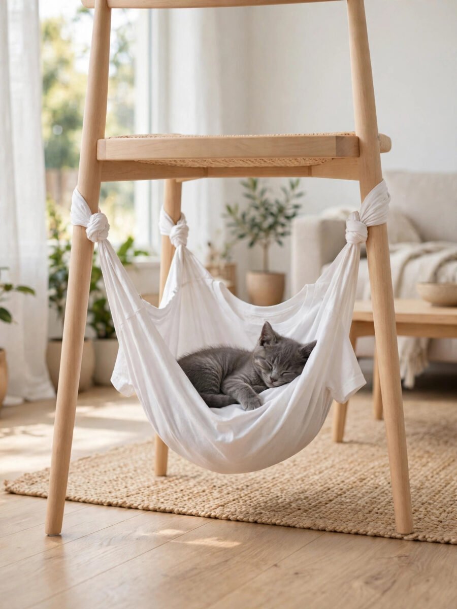 No sew T shirt cat hammock stretched under a wooden chair with a kitten resting