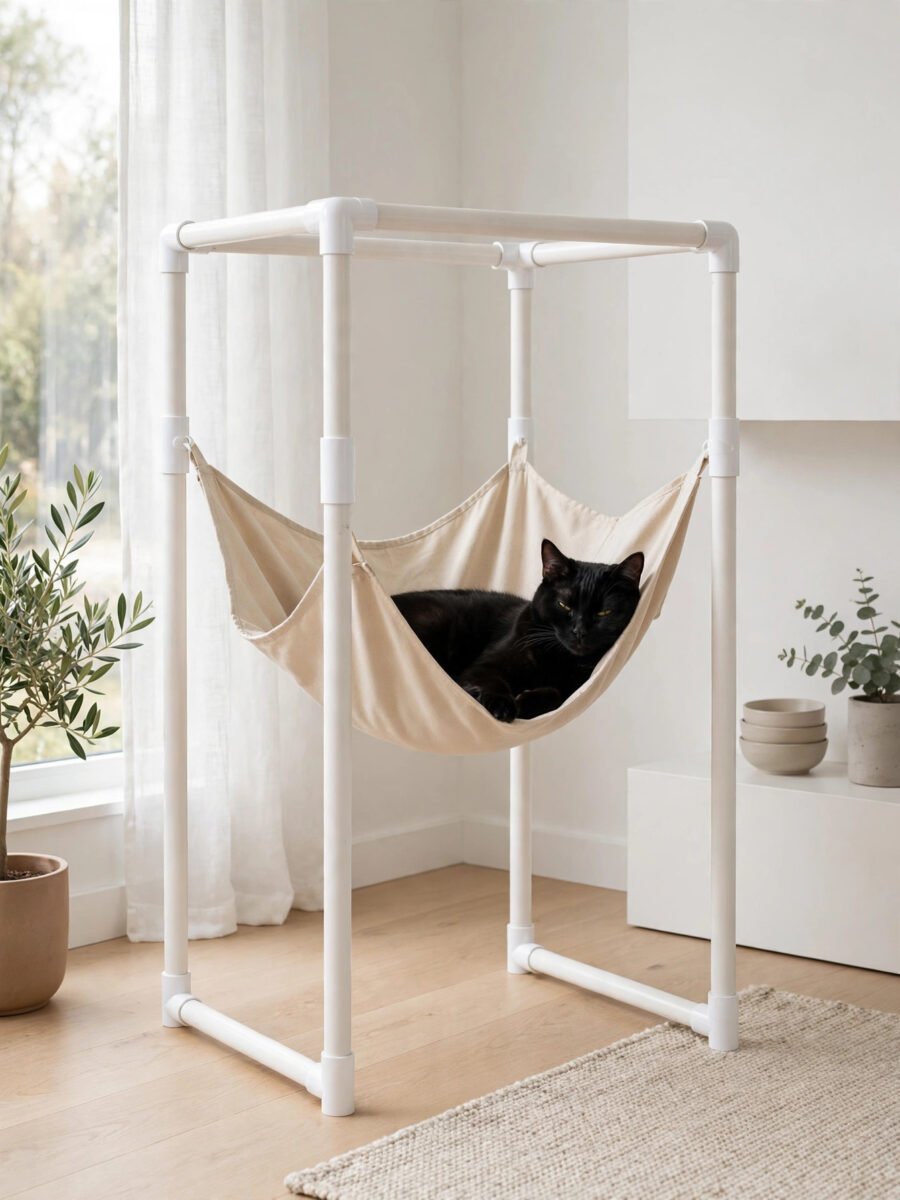 PVC pipe frame cat hammock with beige fabric sling in a bright room