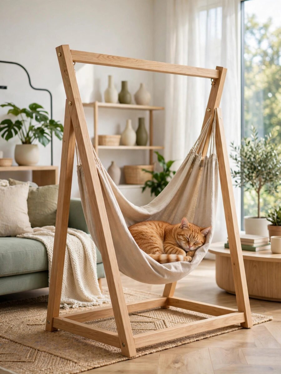 Wooden A frame cat hammock stand with a ginger cat sleeping in the sling
