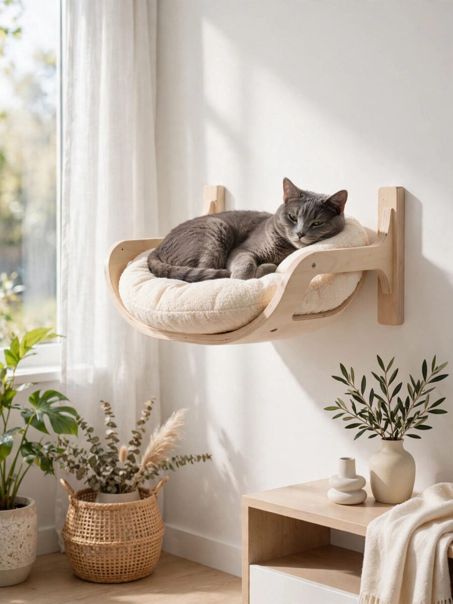 Wall mounted cat hammock shelf with round cushion and a grey cat lounging