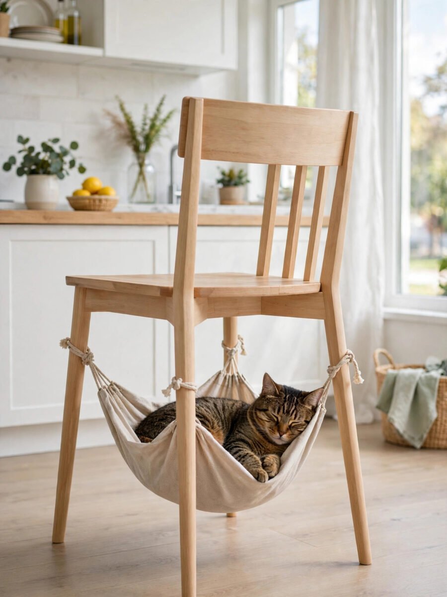 Fabric cat hammock tied under a dining chair with a tabby cat resting
