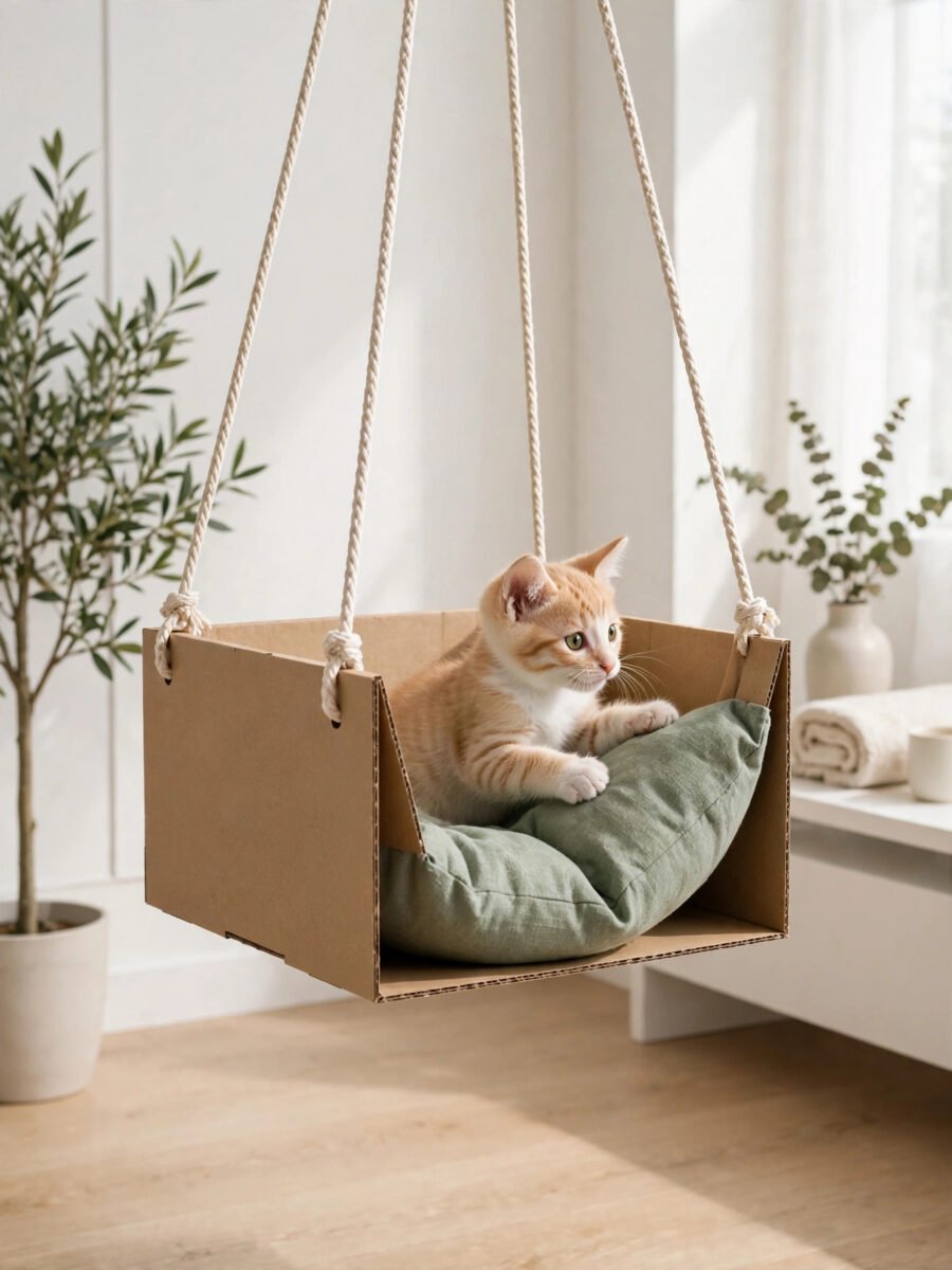 Cardboard box cat hammock with soft cushion and a kitten playing