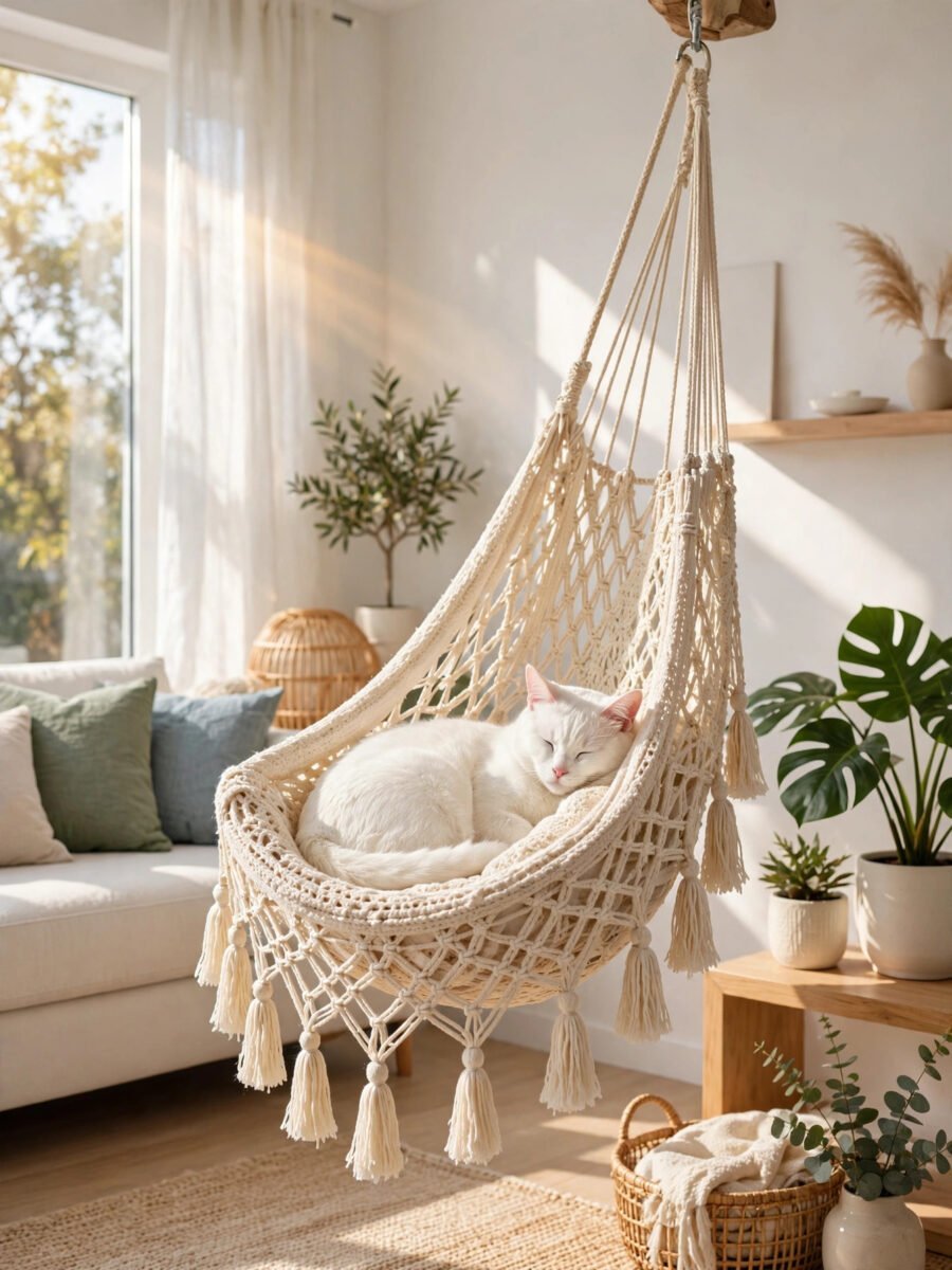 Crocheted hanging cat hammock with tassels and a white cat curled inside
