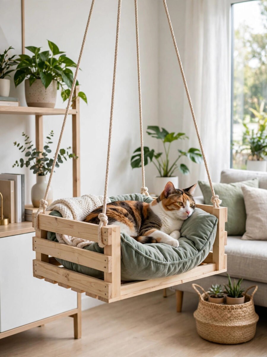 Wooden crate cat hammock with cushion and a calico cat lounging