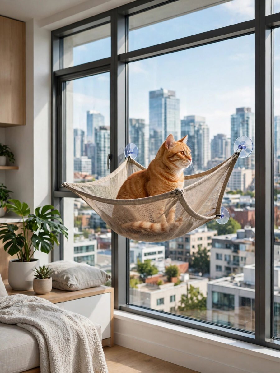 Suction cup window perch cat hammock on a sunny window with a cat watching outside