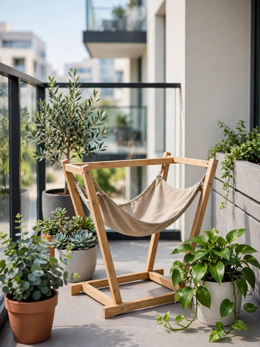 Outdoor balcony cat hammock with weatherproof fabric surrounded by plants
