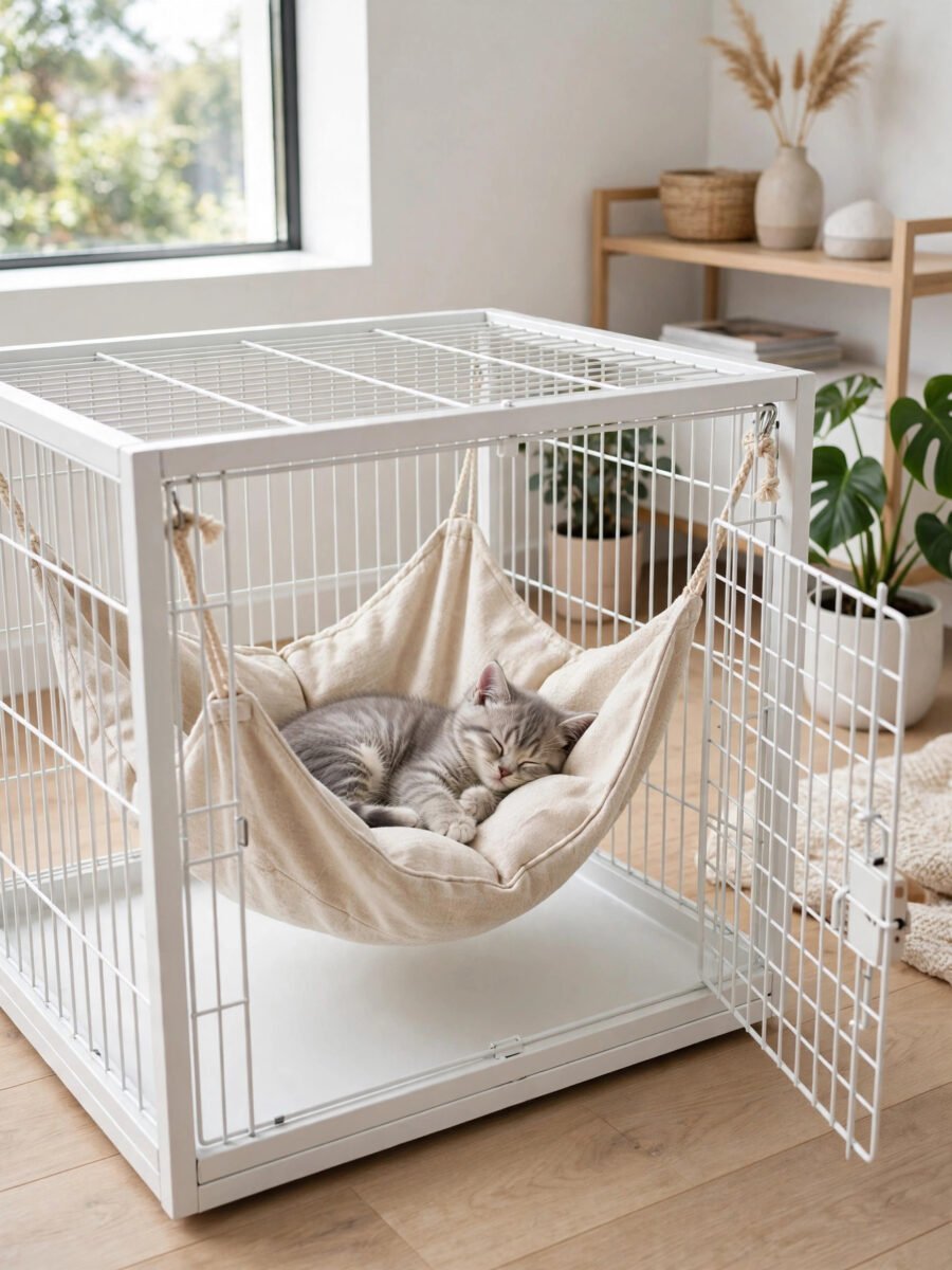 Fabric cat hammock mounted inside a white pet crate with a kitten sleeping