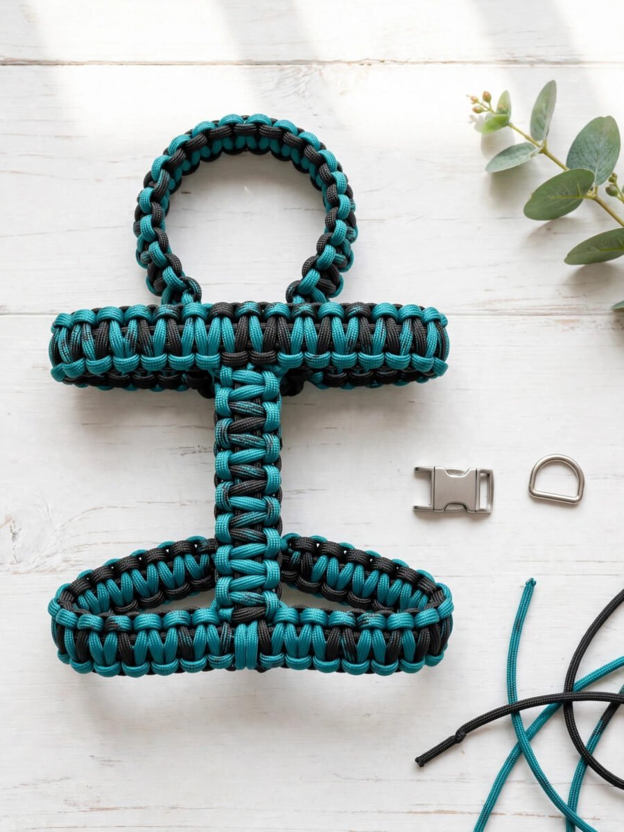 Teal and black paracord cat harness with buckle and D ring
