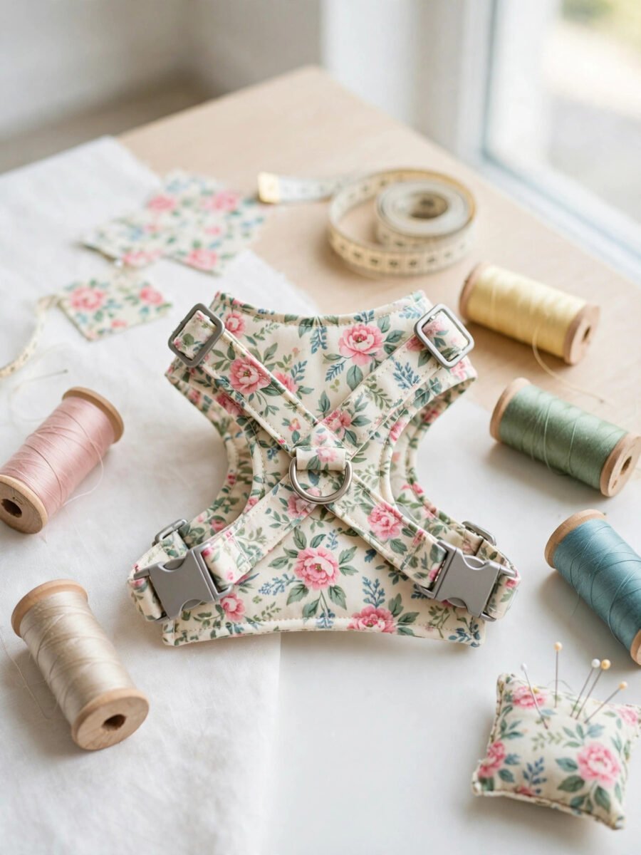 Floral cotton sewn cat harness with buckles on a sewing table