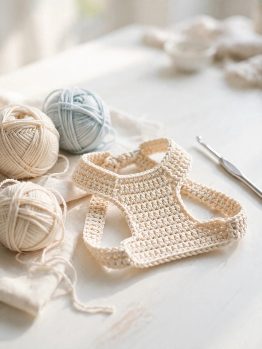 Cream crocheted cat harness with yarn balls and crochet hook