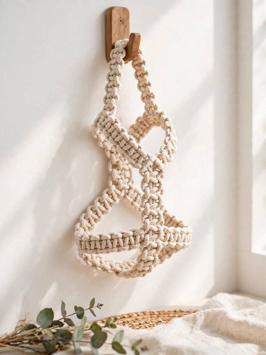 Macrame cotton cord cat harness hanging on a wooden hook