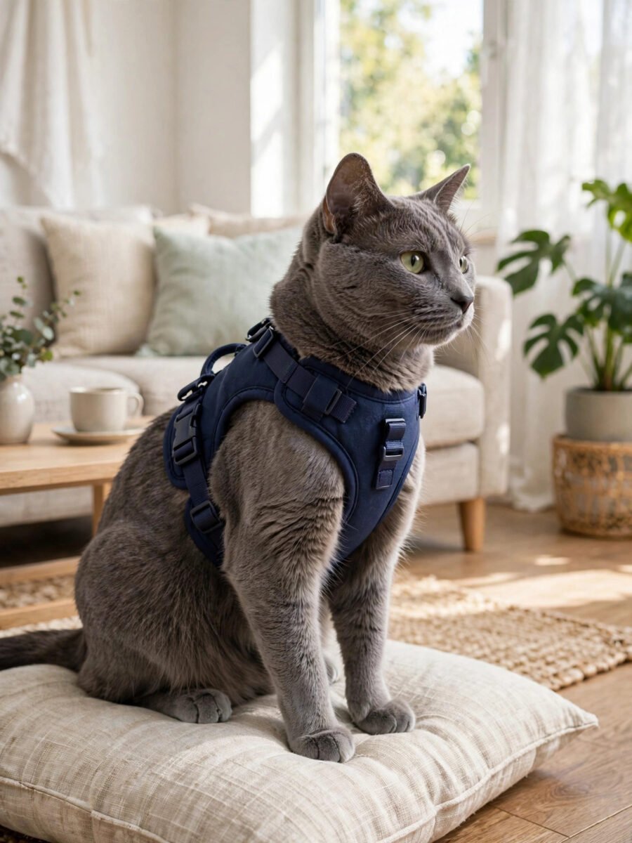 Navy vest style cat harness on a grey cat in a living room