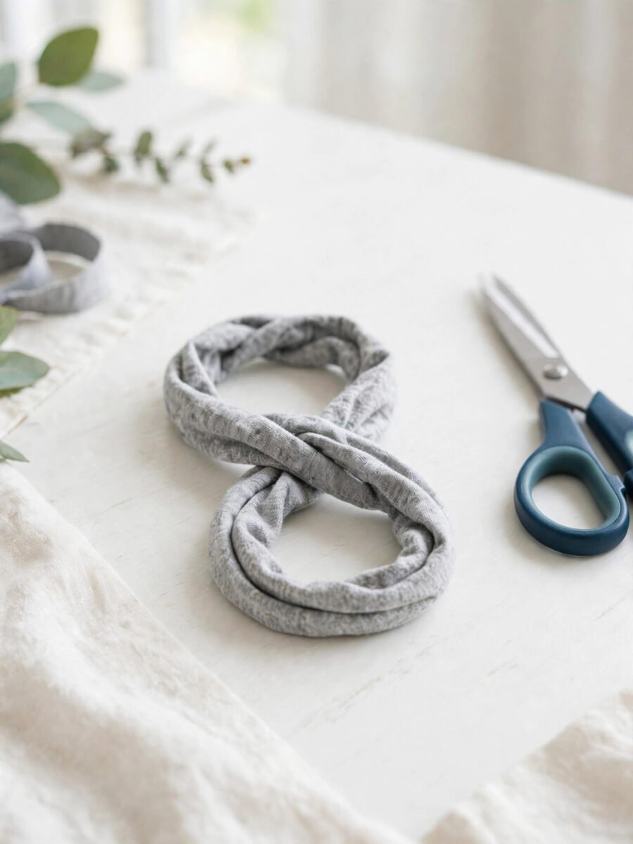 Grey T shirt fabric cat harness tied in a figure eight