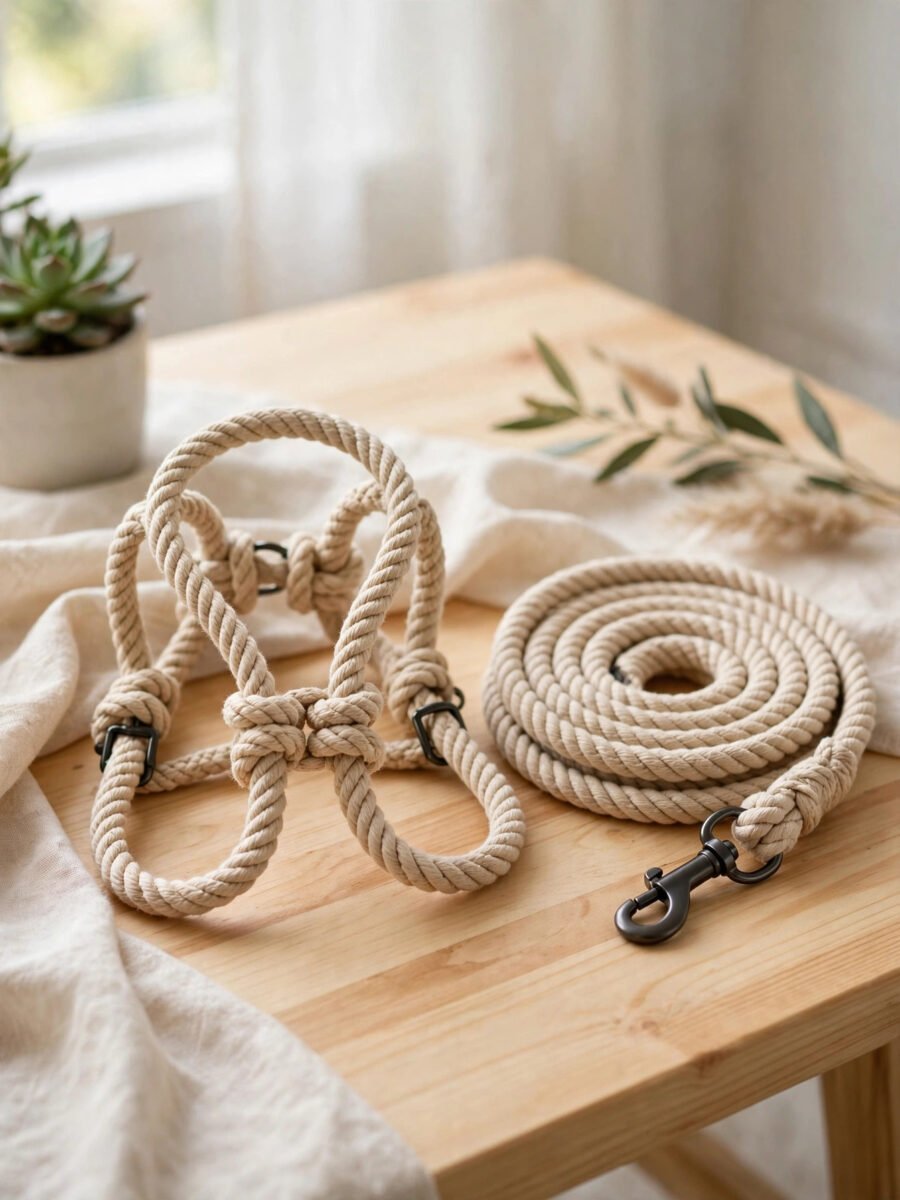 Beige rope cat harness and matching leash coiled on a table