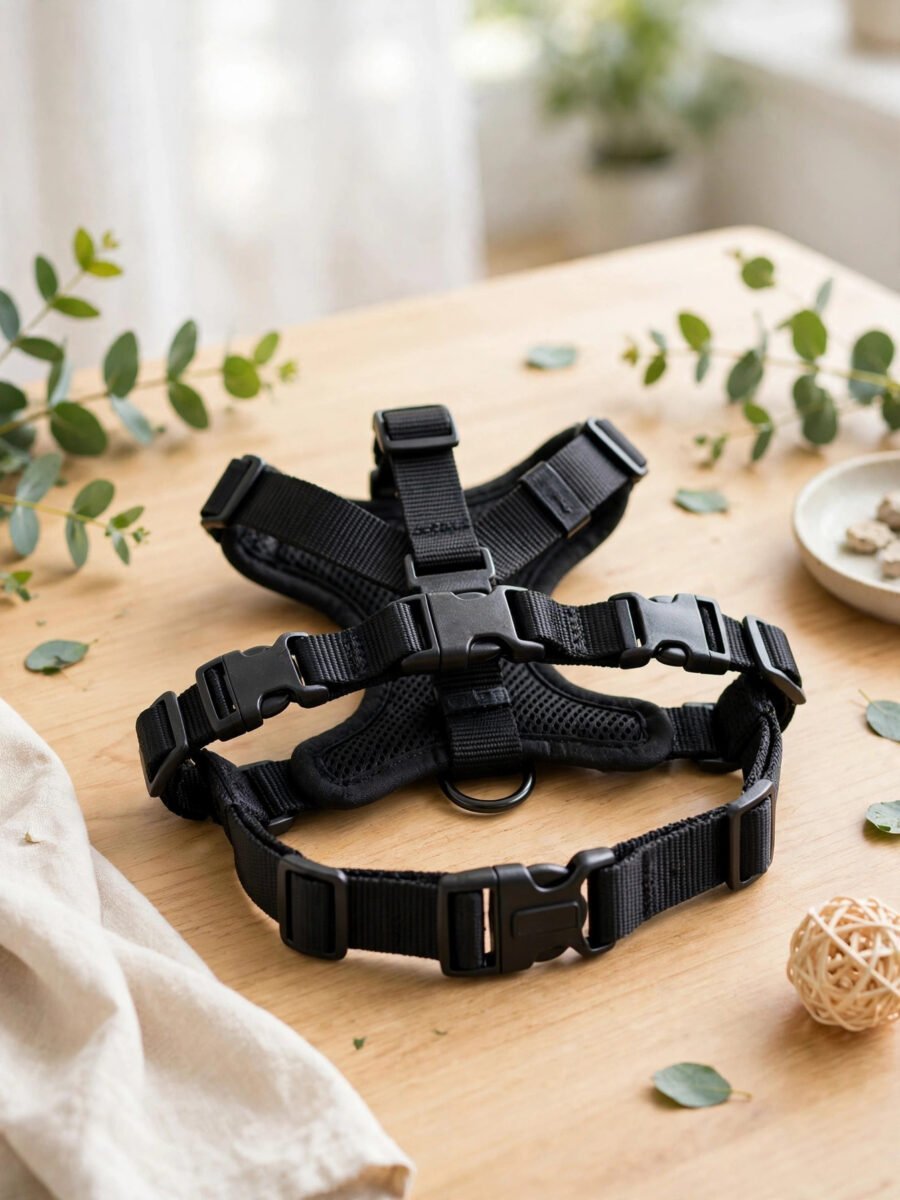Black nylon webbing cat harness with buckle and slider
