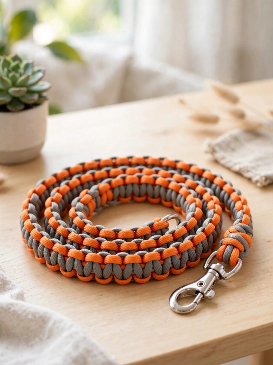 Braided orange and grey paracord cat leash with metal clasp