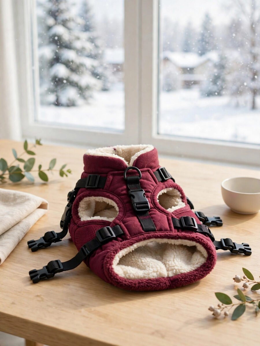 Burgundy fleece lined cat harness vest with snow outside window