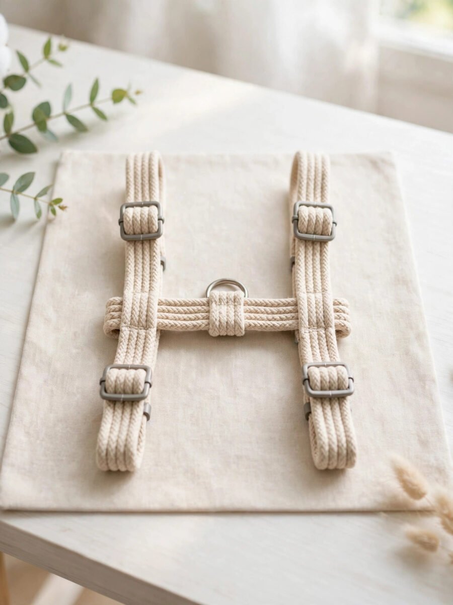 Beige H style rope cat harness laid flat
