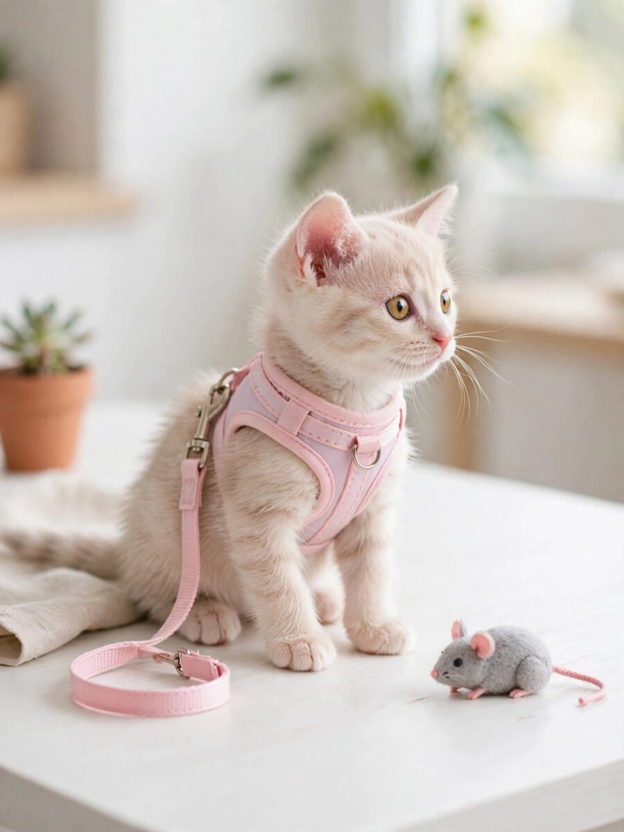 Tiny pastel kitten harness and leash with a toy mouse