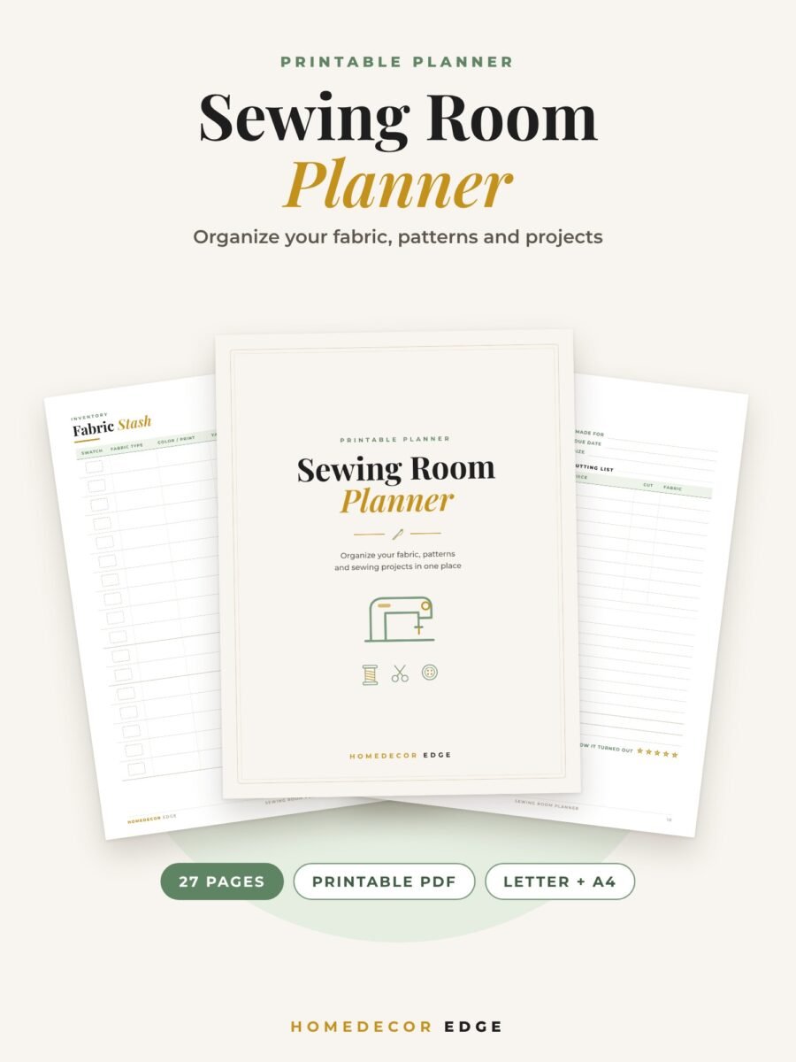 Printable sewing room planner with fabric stash inventory and project planner