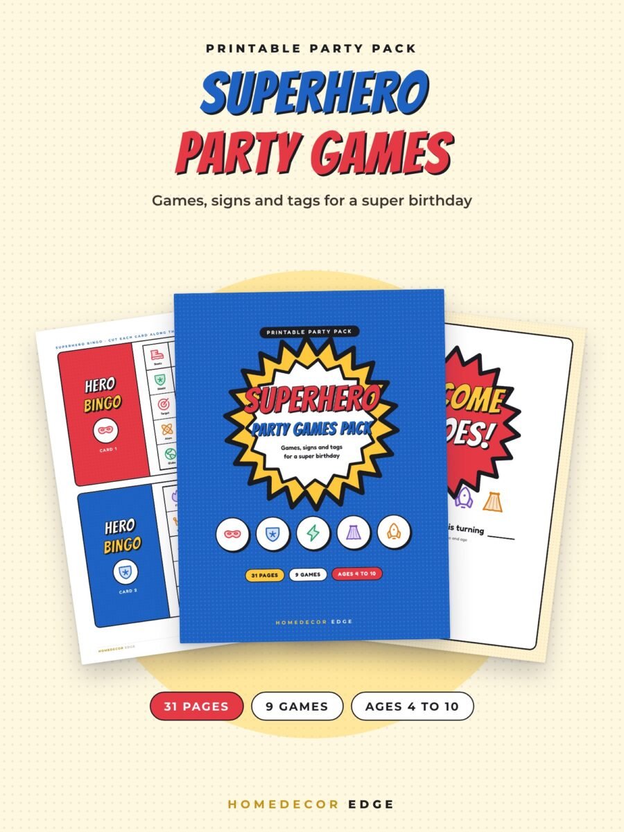 Printable superhero party games pack with bingo, hero training games, signs and thank you tags