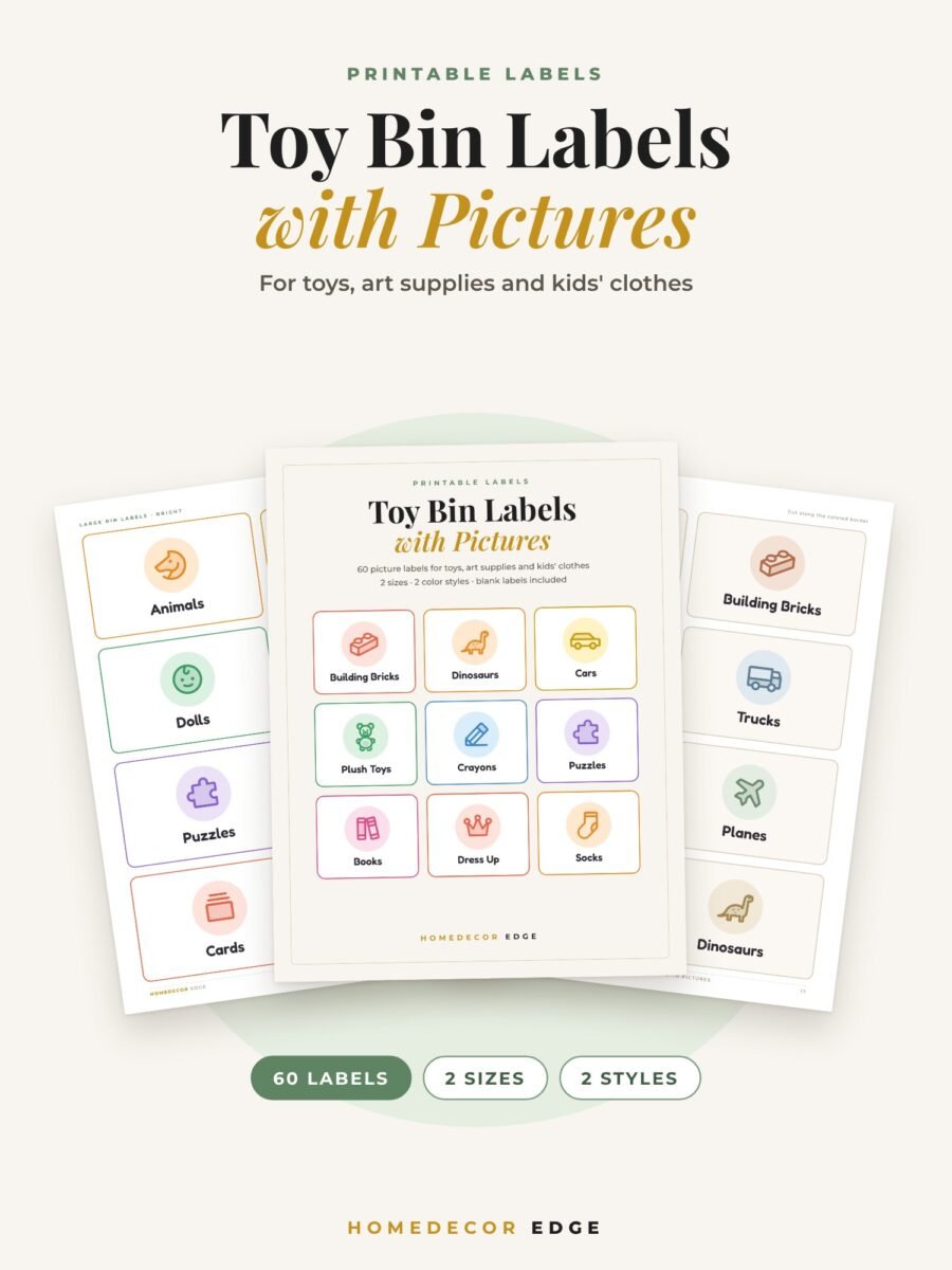 Printable toy bin labels with pictures for kids toys, art supplies and clothes